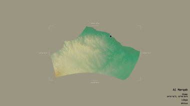 Libya 'nın El-Marqab bölgesi, jeoreferatlı bir sınır kutusunda sağlam bir arka planda izole edilmiş. Etiketler. Topografik yardım haritası. 3B görüntüleme