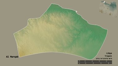 Libya 'nın El-Marqab semti, başkenti sağlam arka planda izole edilmiş. Uzaklık ölçeği, bölge önizlemesi ve etiketleri. Topografik yardım haritası. 3B görüntüleme