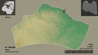 Al Marqab 'ın şekli, Libya bölgesi ve başkenti. Uzaklık ölçeği, ön gösterimler ve etiketler. Topografik yardım haritası. 3B görüntüleme