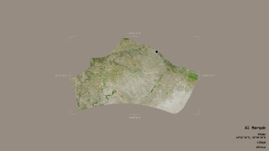 Libya 'nın El-Marqab bölgesi, jeoreferatlı bir sınır kutusunda sağlam bir arka planda izole edilmiş. Etiketler. Uydu görüntüleri. 3B görüntüleme