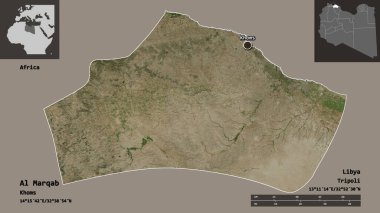 Al Marqab 'ın şekli, Libya bölgesi ve başkenti. Uzaklık ölçeği, ön gösterimler ve etiketler. Uydu görüntüleri. 3B görüntüleme