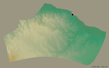 Libya 'nın El-Marqab semti, başkenti katı bir renk arka planına sahip. Topografik yardım haritası. 3B görüntüleme
