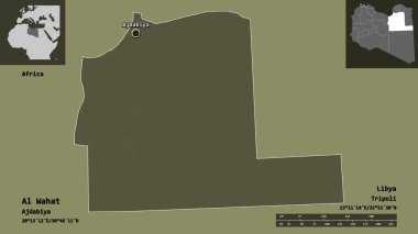 Libya 'nın El Wahat ilçesi ve başkenti. Uzaklık ölçeği, ön gösterimler ve etiketler. Renkli yükseklik haritası. 3B görüntüleme