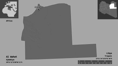 Libya 'nın El Wahat ilçesi ve başkenti. Uzaklık ölçeği, ön gösterimler ve etiketler. Çift seviyeli yükseklik haritası. 3B görüntüleme