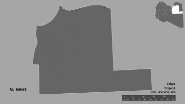 Libya 'nın El Wahat ilçesi, başkenti sağlam bir zemine sahip. Uzaklık ölçeği, bölge önizlemesi ve etiketleri. Çift seviyeli yükseklik haritası. 3B görüntüleme