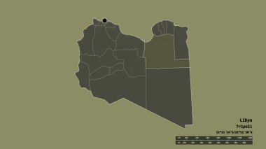 Başkenti, ana bölgesel bölümü ve ayrılan El Wahat bölgesiyle Libya 'nın dejenere edilmiş şekli. Etiketler. Renkli yükseklik haritası. 3B görüntüleme