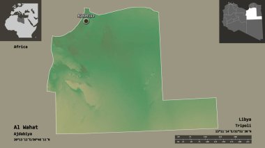 Libya 'nın El Wahat ilçesi ve başkenti. Uzaklık ölçeği, ön gösterimler ve etiketler. Topografik yardım haritası. 3B görüntüleme