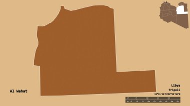 Libya 'nın El Wahat ilçesi, başkenti sağlam bir zemine sahip. Uzaklık ölçeği, bölge önizlemesi ve etiketleri. Desenli dokuların bileşimi. 3B görüntüleme