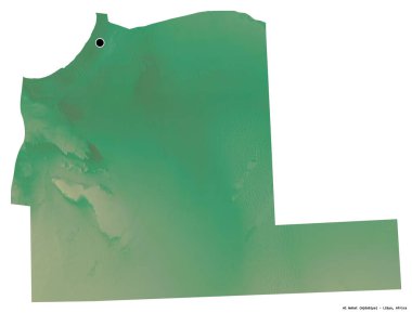 Libya 'nın El Wahat ilçesi, başkenti beyaz arka planda izole edilmiş. Topografik yardım haritası. 3B görüntüleme