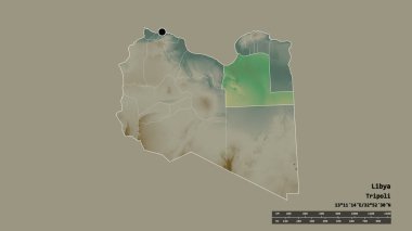 Başkenti, ana bölgesel bölümü ve ayrılan El Wahat bölgesiyle Libya 'nın dejenere edilmiş şekli. Etiketler. Topografik yardım haritası. 3B görüntüleme