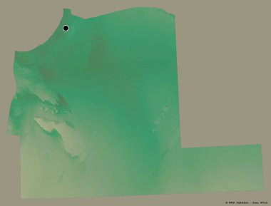 Libya 'nın El Wahat ilçesi, başkenti katı bir renk arkaplanı ile izole edilmiş. Topografik yardım haritası. 3B görüntüleme