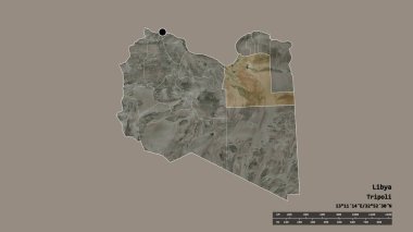 Başkenti, ana bölgesel bölümü ve ayrılan El Wahat bölgesiyle Libya 'nın dejenere edilmiş şekli. Etiketler. Uydu görüntüleri. 3B görüntüleme