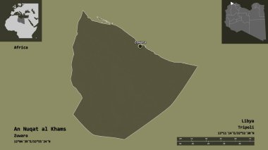 An Nuqat al Khams 'ın şekli, Libya bölgesi ve başkenti. Uzaklık ölçeği, ön gösterimler ve etiketler. Renkli yükseklik haritası. 3B görüntüleme