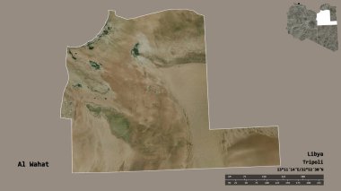 Libya 'nın El Wahat ilçesi, başkenti sağlam bir zemine sahip. Uzaklık ölçeği, bölge önizlemesi ve etiketleri. Uydu görüntüleri. 3B görüntüleme