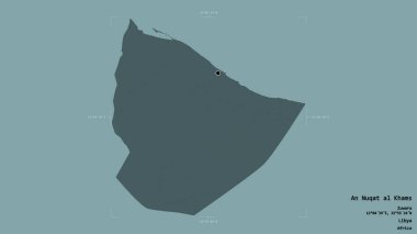 An Nuqat al Khams 'ın bölgesi, Libya bölgesi, sağlam bir arka planda izole edilmiş bir sınır kutusunda. Etiketler. Renkli yükseklik haritası. 3B görüntüleme