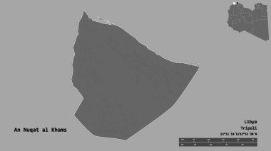 Libya 'nın başkenti An Nuqat al Khams' ın sağlam arka planda izole edilmiş hali. Uzaklık ölçeği, bölge önizlemesi ve etiketleri. Çift seviyeli yükseklik haritası. 3B görüntüleme