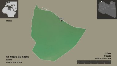 An Nuqat al Khams 'ın şekli, Libya bölgesi ve başkenti. Uzaklık ölçeği, ön gösterimler ve etiketler. Topografik yardım haritası. 3B görüntüleme
