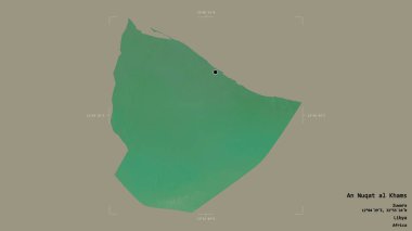 An Nuqat al Khams 'ın bölgesi, Libya bölgesi, sağlam bir arka planda izole edilmiş bir sınır kutusunda. Etiketler. Topografik yardım haritası. 3B görüntüleme