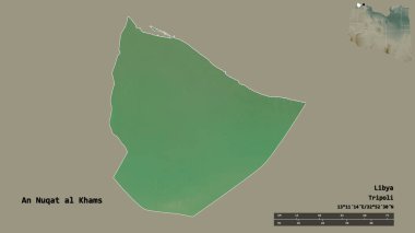 Libya 'nın başkenti An Nuqat al Khams' ın sağlam arka planda izole edilmiş hali. Uzaklık ölçeği, bölge önizlemesi ve etiketleri. Topografik yardım haritası. 3B görüntüleme