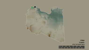 Başkenti, ana bölgesel bölümü ve ayrılan An Nuqat al Khams bölgesiyle Libya 'nın dejenere edilmiş şekli. Etiketler. Topografik yardım haritası. 3B görüntüleme