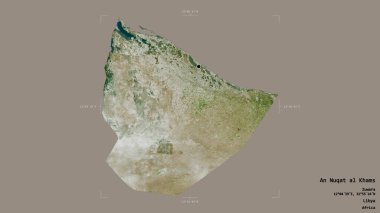 An Nuqat al Khams 'ın bölgesi, Libya bölgesi, sağlam bir arka planda izole edilmiş bir sınır kutusunda. Etiketler. Uydu görüntüleri. 3B görüntüleme