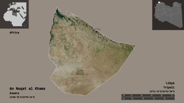 An Nuqat al Khams 'ın şekli, Libya bölgesi ve başkenti. Uzaklık ölçeği, ön gösterimler ve etiketler. Uydu görüntüleri. 3B görüntüleme