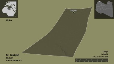 Libya 'nın az Zawiyah ilçesi ve başkenti. Uzaklık ölçeği, ön gösterimler ve etiketler. Renkli yükseklik haritası. 3B görüntüleme