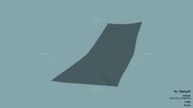 Az Zawiyah bölgesi, Libya bölgesi, jeoreferatlı bir sınır kutusunda sağlam bir arka planda izole edilmiş. Etiketler. Renkli yükseklik haritası. 3B görüntüleme