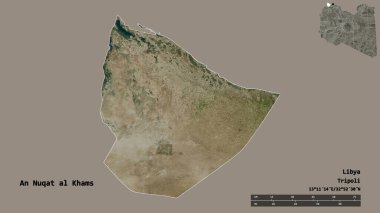 Libya 'nın başkenti An Nuqat al Khams' ın sağlam arka planda izole edilmiş hali. Uzaklık ölçeği, bölge önizlemesi ve etiketleri. Uydu görüntüleri. 3B görüntüleme