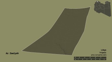 Libya 'nın az Zawiyah ilçesi, başkenti sağlam bir zemine sahip. Uzaklık ölçeği, bölge önizlemesi ve etiketleri. Renkli yükseklik haritası. 3B görüntüleme