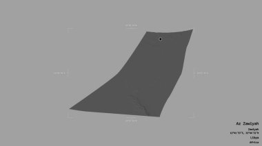 Az Zawiyah bölgesi, Libya bölgesi, jeoreferatlı bir sınır kutusunda sağlam bir arka planda izole edilmiş. Etiketler. Çift seviyeli yükseklik haritası. 3B görüntüleme