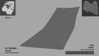 Libya 'nın az Zawiyah ilçesi ve başkenti. Uzaklık ölçeği, ön gösterimler ve etiketler. Çift seviyeli yükseklik haritası. 3B görüntüleme