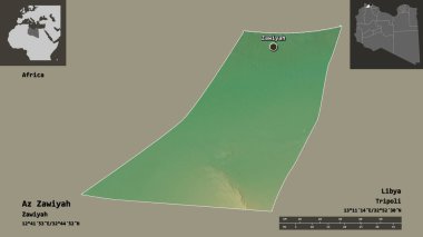 Libya 'nın az Zawiyah ilçesi ve başkenti. Uzaklık ölçeği, ön gösterimler ve etiketler. Topografik yardım haritası. 3B görüntüleme