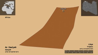 Libya 'nın az Zawiyah ilçesi ve başkenti. Uzaklık ölçeği, ön gösterimler ve etiketler. Desenli dokuların bileşimi. 3B görüntüleme