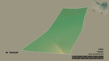 Libya 'nın az Zawiyah ilçesi, başkenti sağlam bir zemine sahip. Uzaklık ölçeği, bölge önizlemesi ve etiketleri. Topografik yardım haritası. 3B görüntüleme