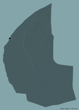 Libya 'nın Bingazi ilçesi, başkenti katı bir renk arka planına sahip. Renkli yükseklik haritası. 3B görüntüleme