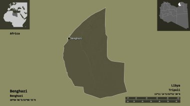 Libya 'nın Bingazi ilçesi ve başkenti. Uzaklık ölçeği, ön gösterimler ve etiketler. Renkli yükseklik haritası. 3B görüntüleme