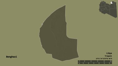Libya 'nın Bingazi ilçesi, başkenti sağlam bir zemine sahip. Uzaklık ölçeği, bölge önizlemesi ve etiketleri. Renkli yükseklik haritası. 3B görüntüleme