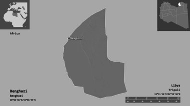 Libya 'nın Bingazi ilçesi ve başkenti. Uzaklık ölçeği, ön gösterimler ve etiketler. Çift seviyeli yükseklik haritası. 3B görüntüleme