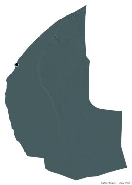 Libya 'nın Bingazi ilçesi, başkenti beyaz arka planda izole edilmiş. Renkli yükseklik haritası. 3B görüntüleme