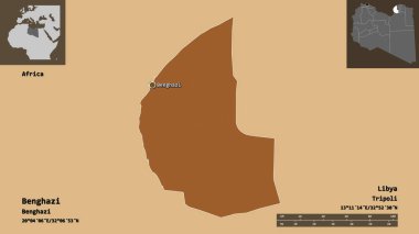 Libya 'nın Bingazi ilçesi ve başkenti. Uzaklık ölçeği, ön gösterimler ve etiketler. Desenli dokuların bileşimi. 3B görüntüleme