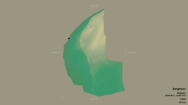 Libya 'nın Bingazi bölgesi, jeoreferatlı bir sınır kutusunda sağlam bir arka planda izole edilmiş. Etiketler. Topografik yardım haritası. 3B görüntüleme