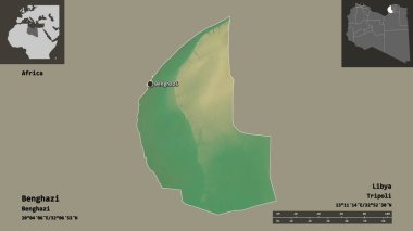 Libya 'nın Bingazi ilçesi ve başkenti. Uzaklık ölçeği, ön gösterimler ve etiketler. Topografik yardım haritası. 3B görüntüleme