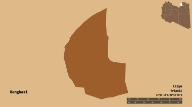 Libya 'nın Bingazi ilçesi, başkenti sağlam bir zemine sahip. Uzaklık ölçeği, bölge önizlemesi ve etiketleri. Desenli dokuların bileşimi. 3B görüntüleme