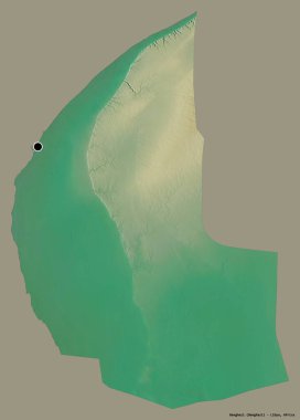 Libya 'nın Bingazi ilçesi, başkenti katı bir renk arka planına sahip. Topografik yardım haritası. 3B görüntüleme