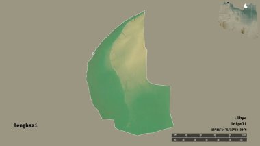 Libya 'nın Bingazi ilçesi, başkenti sağlam bir zemine sahip. Uzaklık ölçeği, bölge önizlemesi ve etiketleri. Topografik yardım haritası. 3B görüntüleme