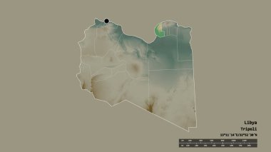 Başkenti, ana bölgesel bölünmesi ve bölünmüş Bingazi bölgesiyle Libya 'nın dejenere bir şekli. Etiketler. Topografik yardım haritası. 3B görüntüleme