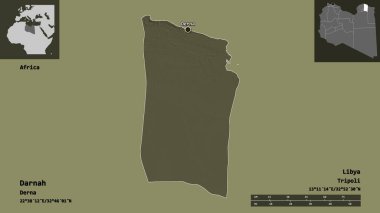 Darnah 'ın şekli, Libya bölgesi ve başkenti. Uzaklık ölçeği, ön gösterimler ve etiketler. Renkli yükseklik haritası. 3B görüntüleme