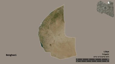 Libya 'nın Bingazi ilçesi, başkenti sağlam bir zemine sahip. Uzaklık ölçeği, bölge önizlemesi ve etiketleri. Uydu görüntüleri. 3B görüntüleme
