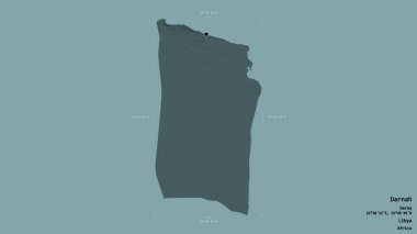 Darnah bölgesi, Libya bölgesi, jeoreferatlı bir sınır kutusunda sağlam bir arka planda izole edilmiş. Etiketler. Renkli yükseklik haritası. 3B görüntüleme